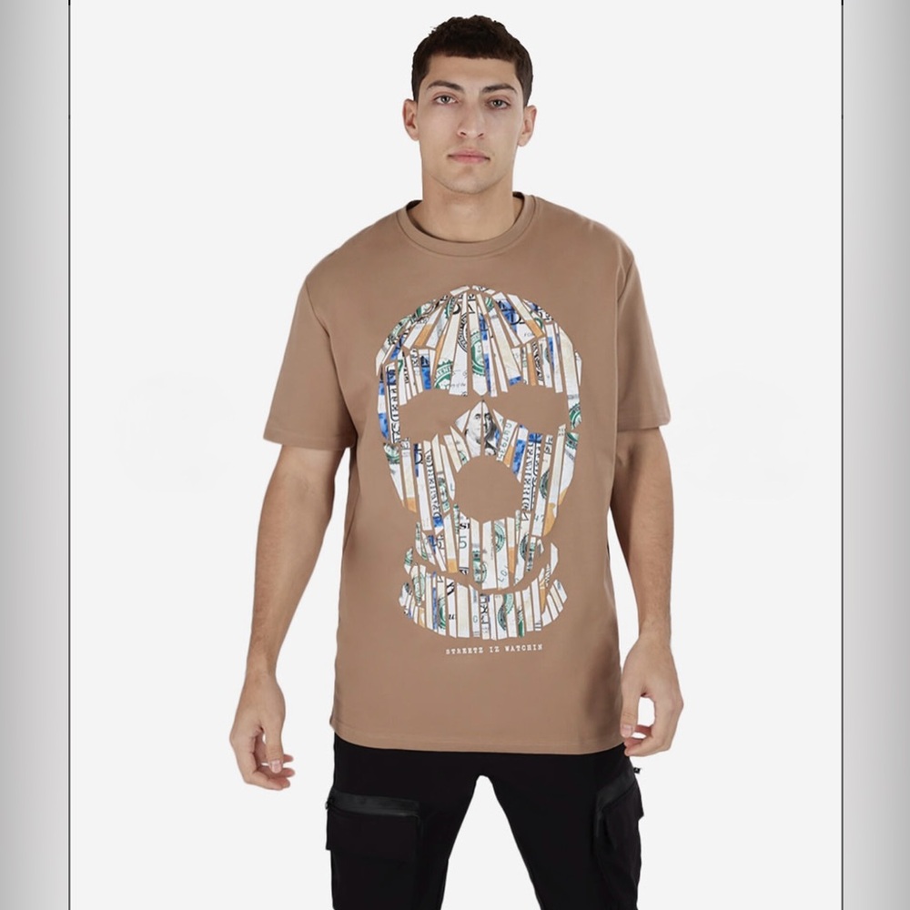NWT Men’s STREETZ IZ WATCHIN Tan Dollar Mask Graphic Tee, Various Sizes